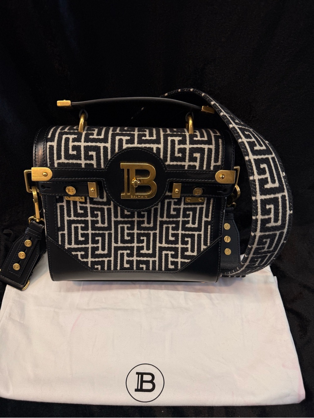 Balmain Black and White Logo Jacquard Top Handle Bag with Gold Hardware